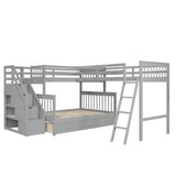 Twin over Full L-Shaped Bunk Bed With 3 Drawers, Ladder and Staircase - Gray - Home Elegance USA