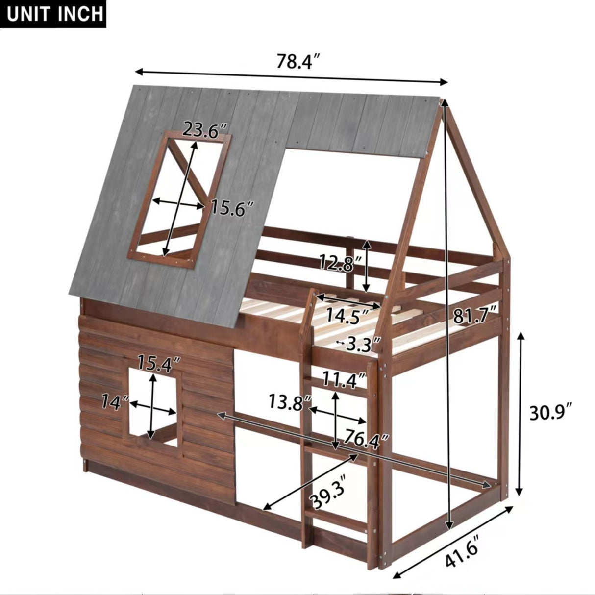 Wood Twin Size House Bunk Bed with Roof, Ladder and 2 Windows, Oak & Smoky Grey(Expected Arrival Time: 8.2) - Home Elegance USA