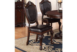 Classic Formal Dining Room Table And 4x Side Chairs Brown 5pc Set Dining Table Pedestal Base Antique Round Table Faux Leather Upholstered Chair - Home Elegance USA