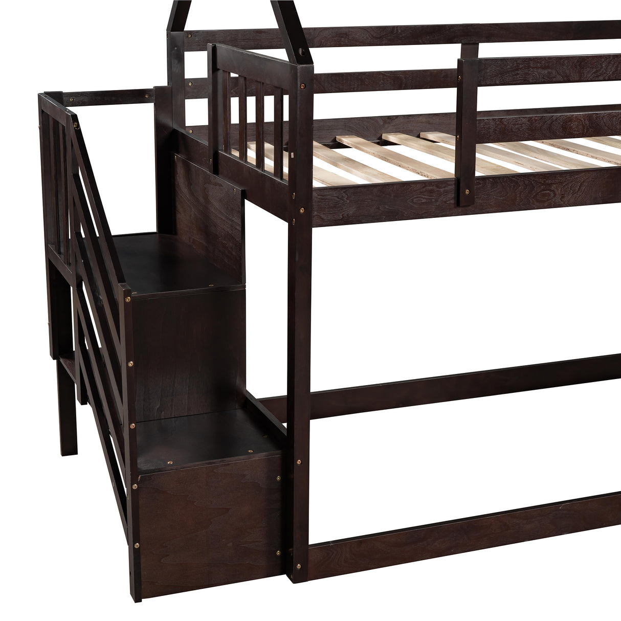 Twin over Twin House Bunk Bed with Slide and Storage Staircase,Espresso - Home Elegance USA