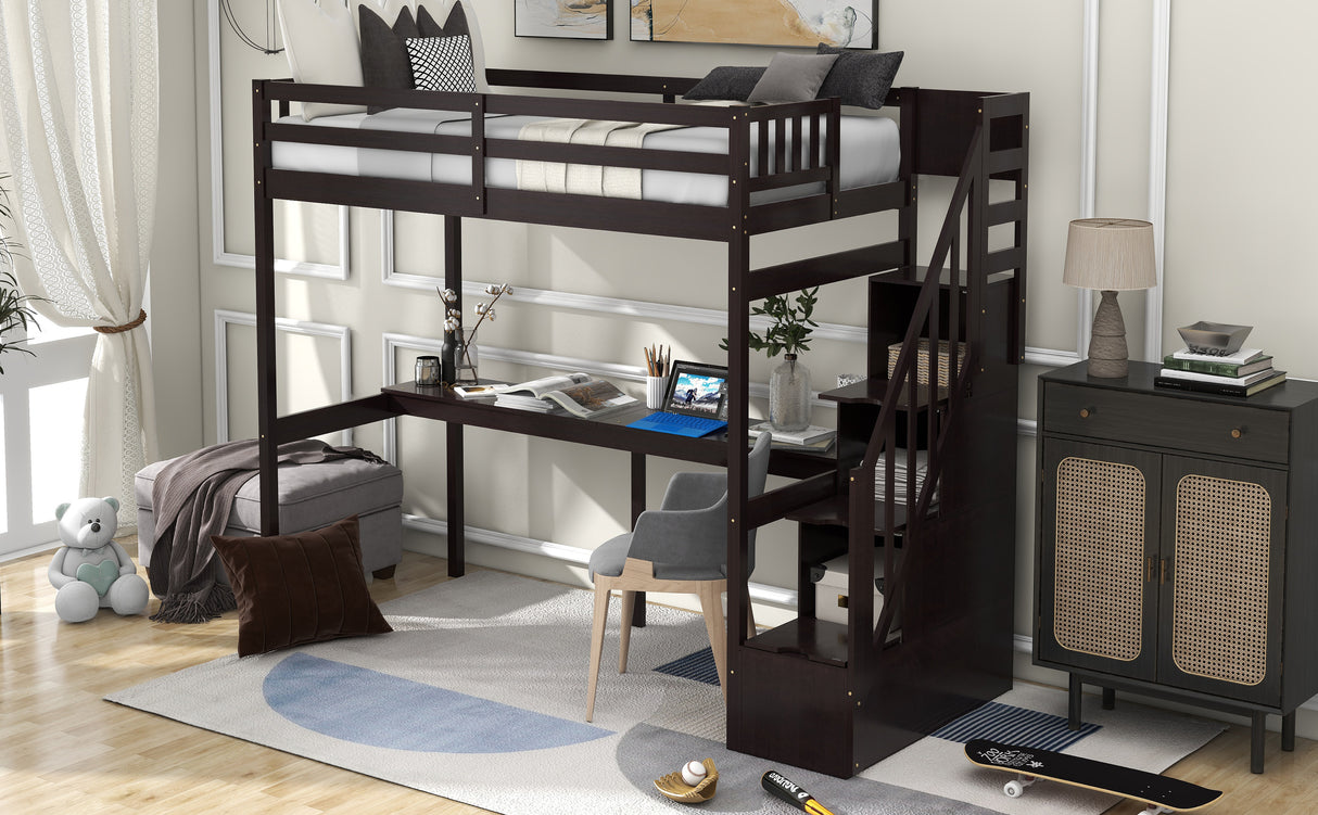 Twin Size Loft Bed with Storage Staircase and Built-in Desk, Espresso (Old SKU:GX000903AAP) - Home Elegance USA