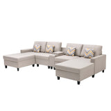 Nolan Beige Linen Fabric 5Pc Double Chaise Sectional Sofa with Interchangeable Legs, a USB, Charging Ports, Cupholders, Storage Console Table and Pillows - Home Elegance USA