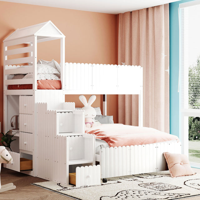 Stairway Twin Over Full Bunk Bed, House Bed with Two Shelves and Seven Drawers,White - Home Elegance USA