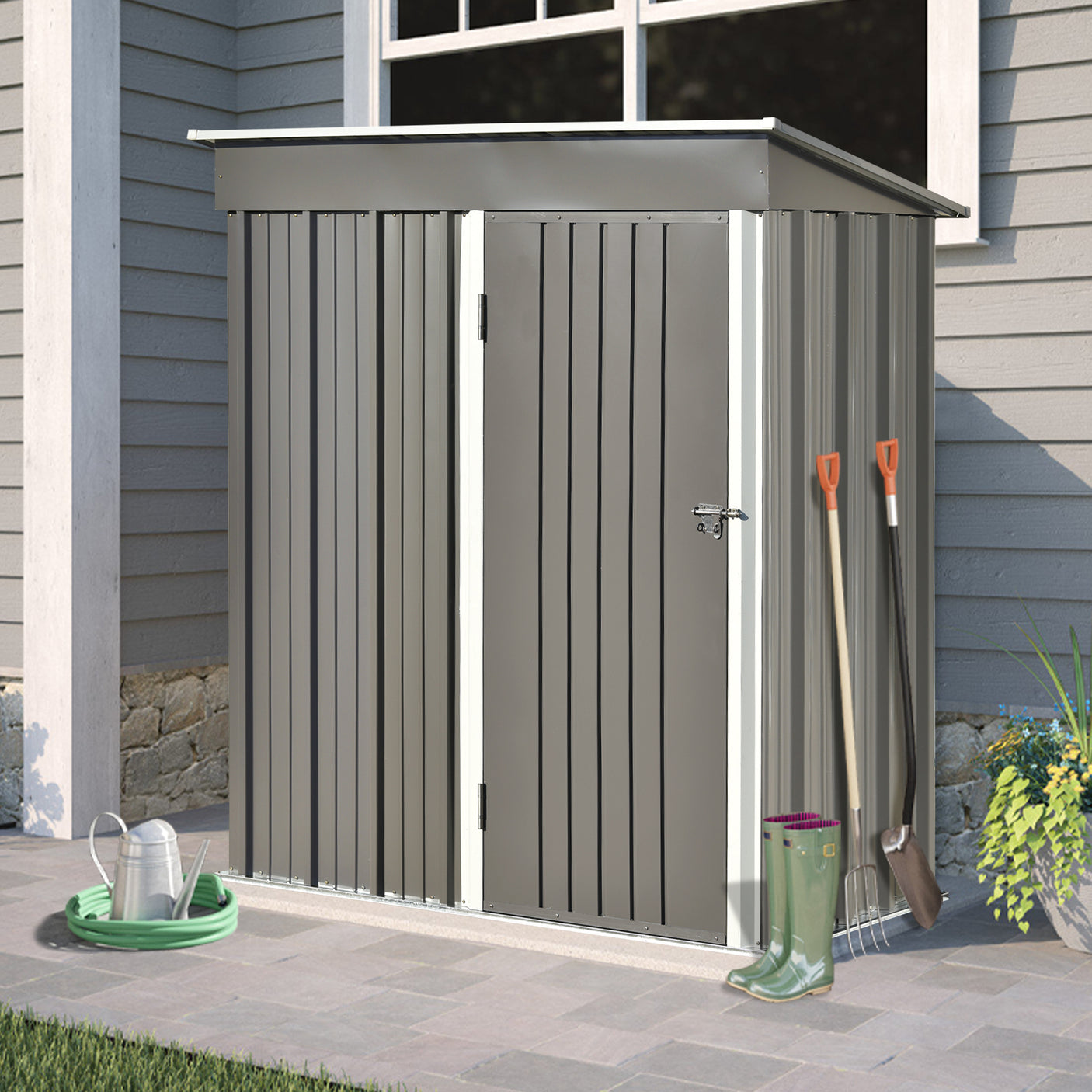 TOPMAX Patio 5ft Wx3ft. L Garden Shed, Metal Lean-to Storage Shed with Lockable Door, Tool Cabinet for Backyard, Lawn, Garden, Gray