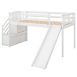 Twin Size Low Loft Bed with Adjustable Slide and Staircase, White - Home Elegance USA