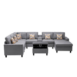 Nolan Gray Linen Fabric 8Pc Reversible Chaise Sectional Sofa with Interchangeable Legs, Pillows, Storage Ottoman, and a USB, Charging Ports, Cupholders, Storage Console Table - Home Elegance USA