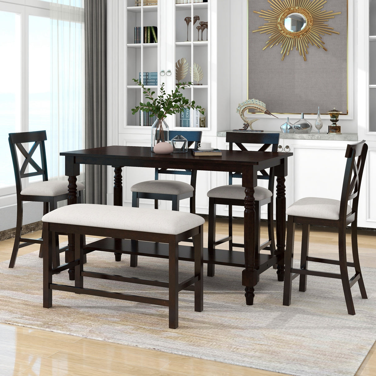 TREXM 6-Piece Counter Height Dining Table Set Table with Shelf 4 Chairs and Bench for Dining Room (Espresso) - Home Elegance USA