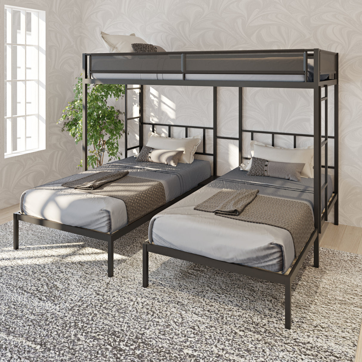 Triple twin bunk bed (Wood Slat and Textilene Guardrail) - Home Elegance USA