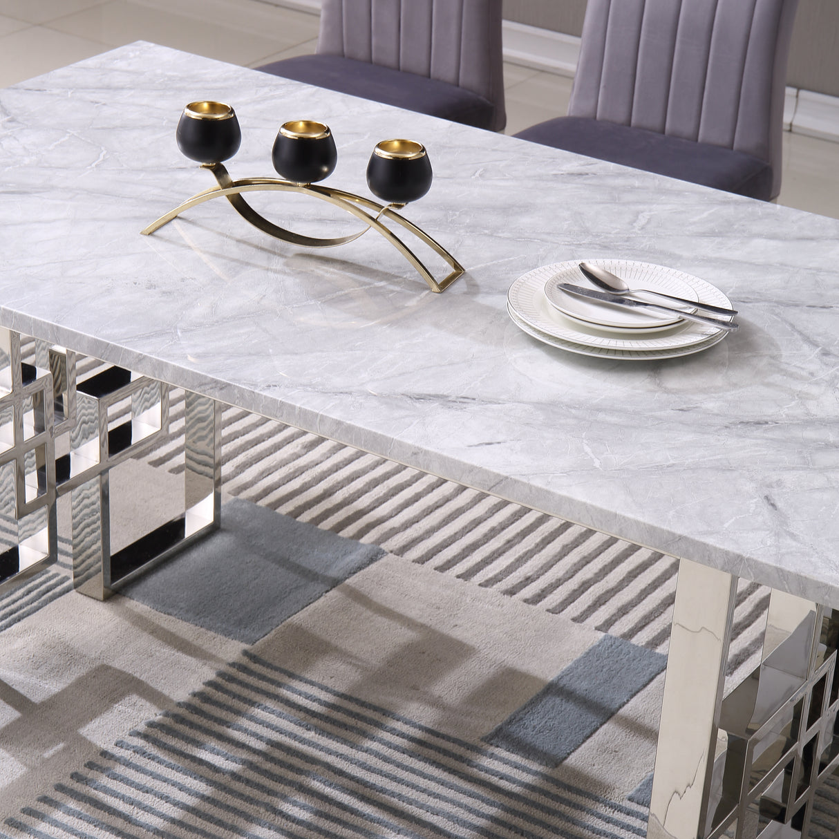 Contemporary Rectangular Marble Table, 0.71" Marble Top, Silver Mirrored Finish, Luxury Design For Home (63"x35.4"x29.5") - Home Elegance USA