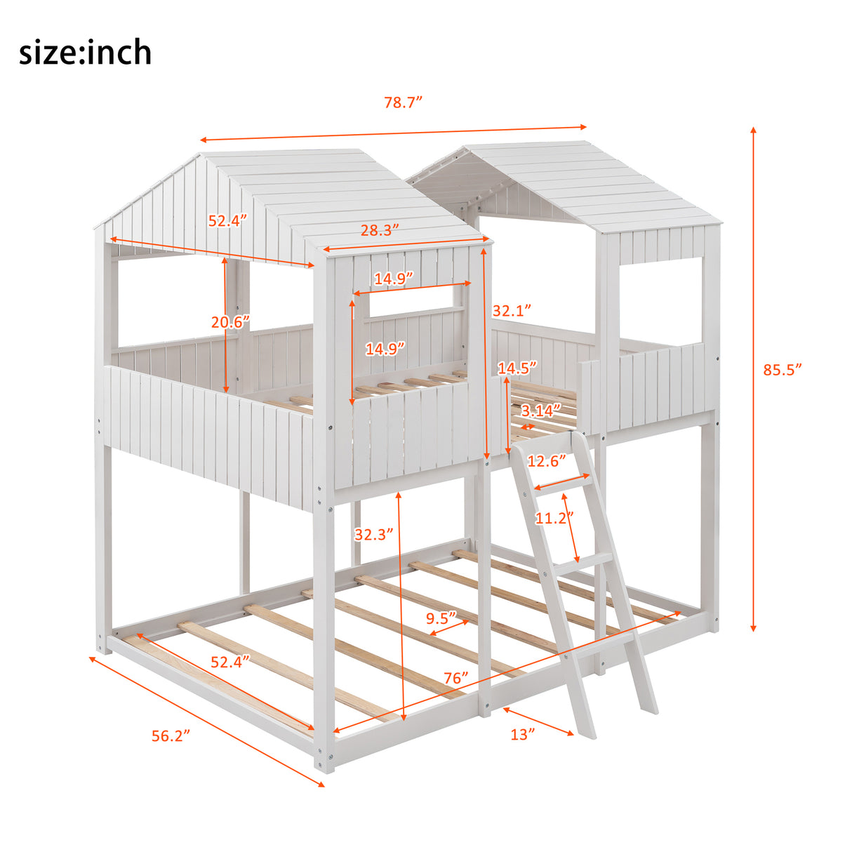 Full Over Full WoodBunk Bed with Roof, Window, Guardrail, Ladder(White)( old sku: LP000031AAK ) - Home Elegance USA