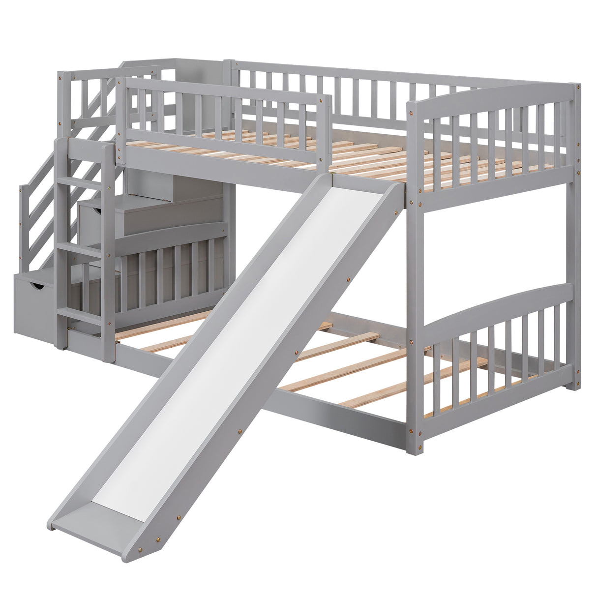 Stairway Twin over Twin Bunk Bed with Two Drawers and Slide, Gray(OLD SKU :LT000155AAE) - Home Elegance USA