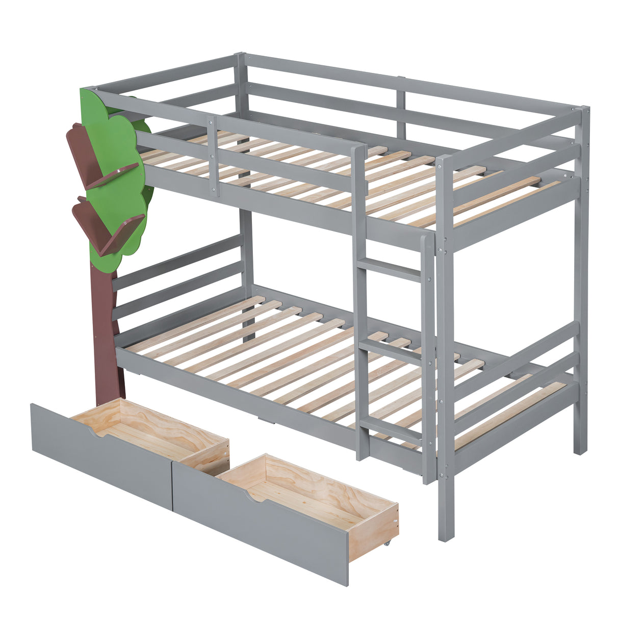 Twin-Over-Twin Bunk Bed with  a Tree Decor and Two Storage Drawers, Gray - Home Elegance USA