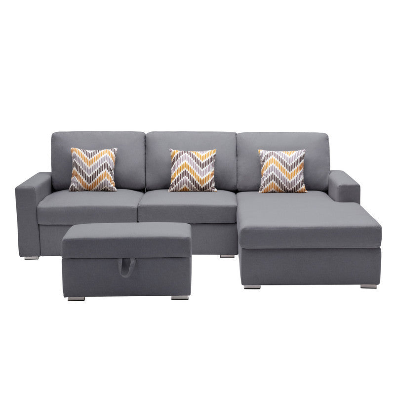 Nolan Gray Linen Fabric 4Pc Reversible Sofa Chaise with Interchangeable Legs, Storage Ottoman, and Pillows - Home Elegance USA