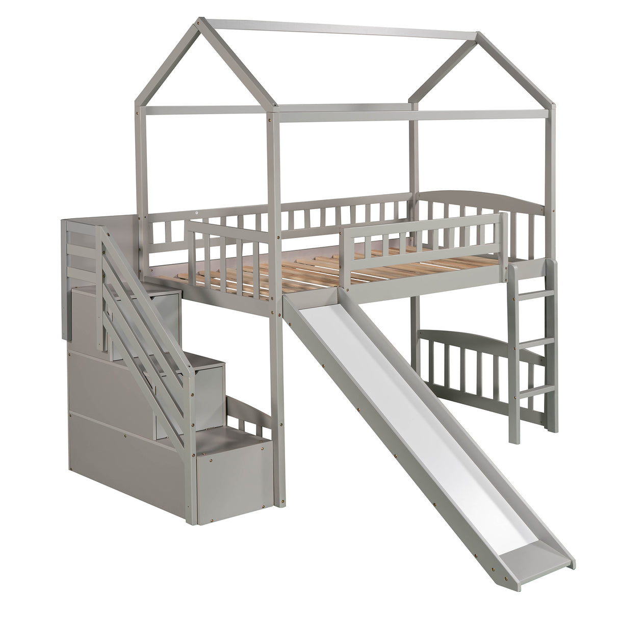 Twin Loft Bed with Two Drawers and Slide, House Bed with Slide, Gray (Old SKU: LP000130AAE) - Home Elegance USA