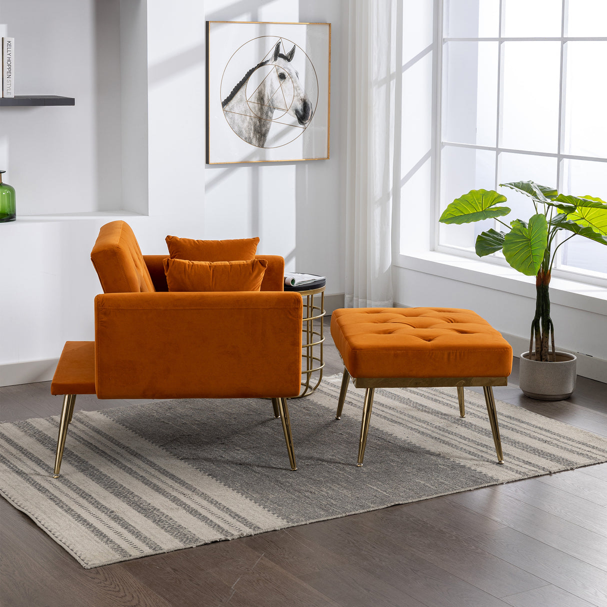 36.61'' Wide Modern Accent Chair With 3 Positions Adjustable Backrest, Tufted Chaise Lounge Chair, Single Recliner Armchair With Ottoman And Gold Legs For Living Room, Bedroom (Orange) - Home Elegance USA