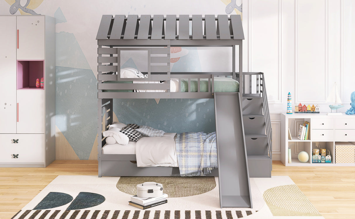 Twin over Twin House Bunk Bed with Trundle and Slide ,Storage Staircase,Roof and Window Design, Gray - Home Elegance USA