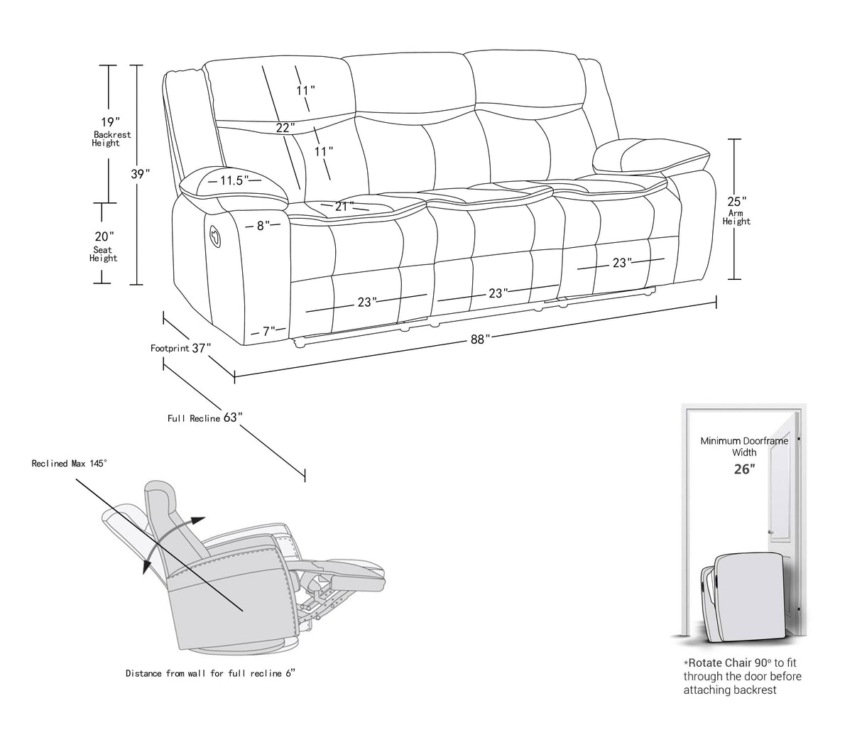 Global United Transitional Leather-Air Reclining Sofa Home Elegance USA