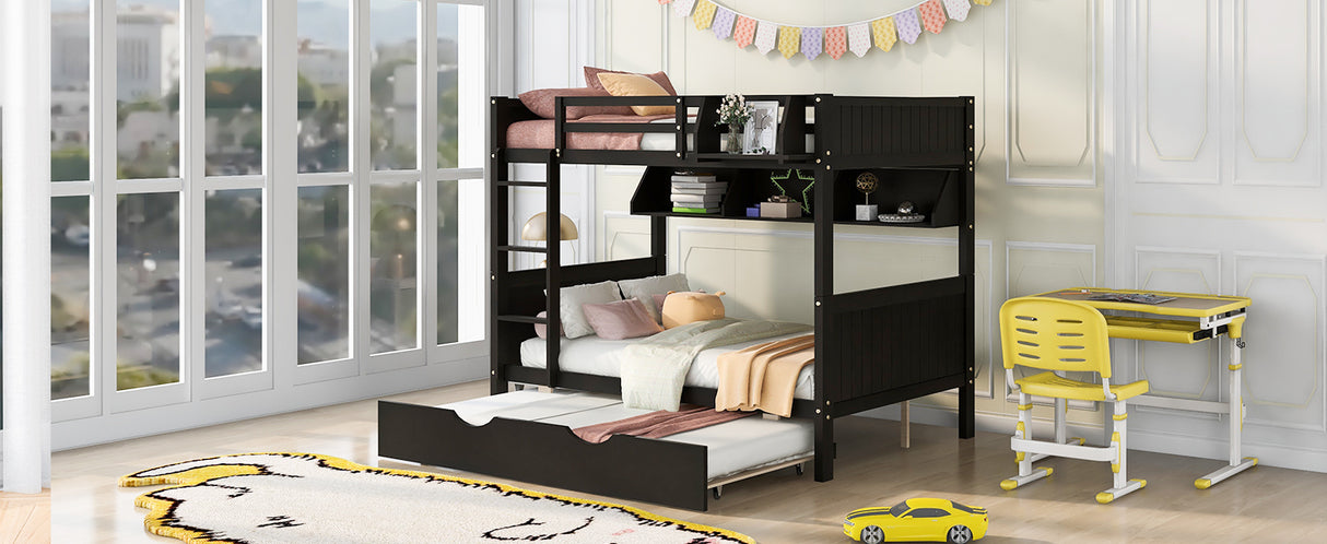 Full-Over-Full Bunk Bed with Twin size Trundle , Separable Bunk Bed with Bookshelf for Bedroom-Espresso - Home Elegance USA