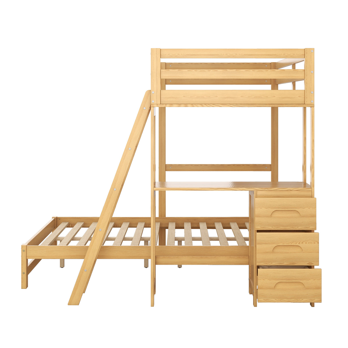 Twin over Full Bunk Bed with Built-in Desk and Three Drawers,Natural - Home Elegance USA