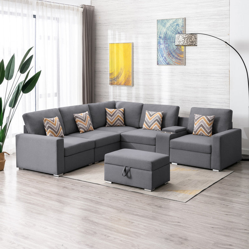 Nolan Gray Linen Fabric 7Pc Reversible Sectional Sofa with Interchangeable Legs, Pillows, Storage Ottoman, and a USB, Charging Ports, Cupholders, Storage Console Table - Home Elegance USA