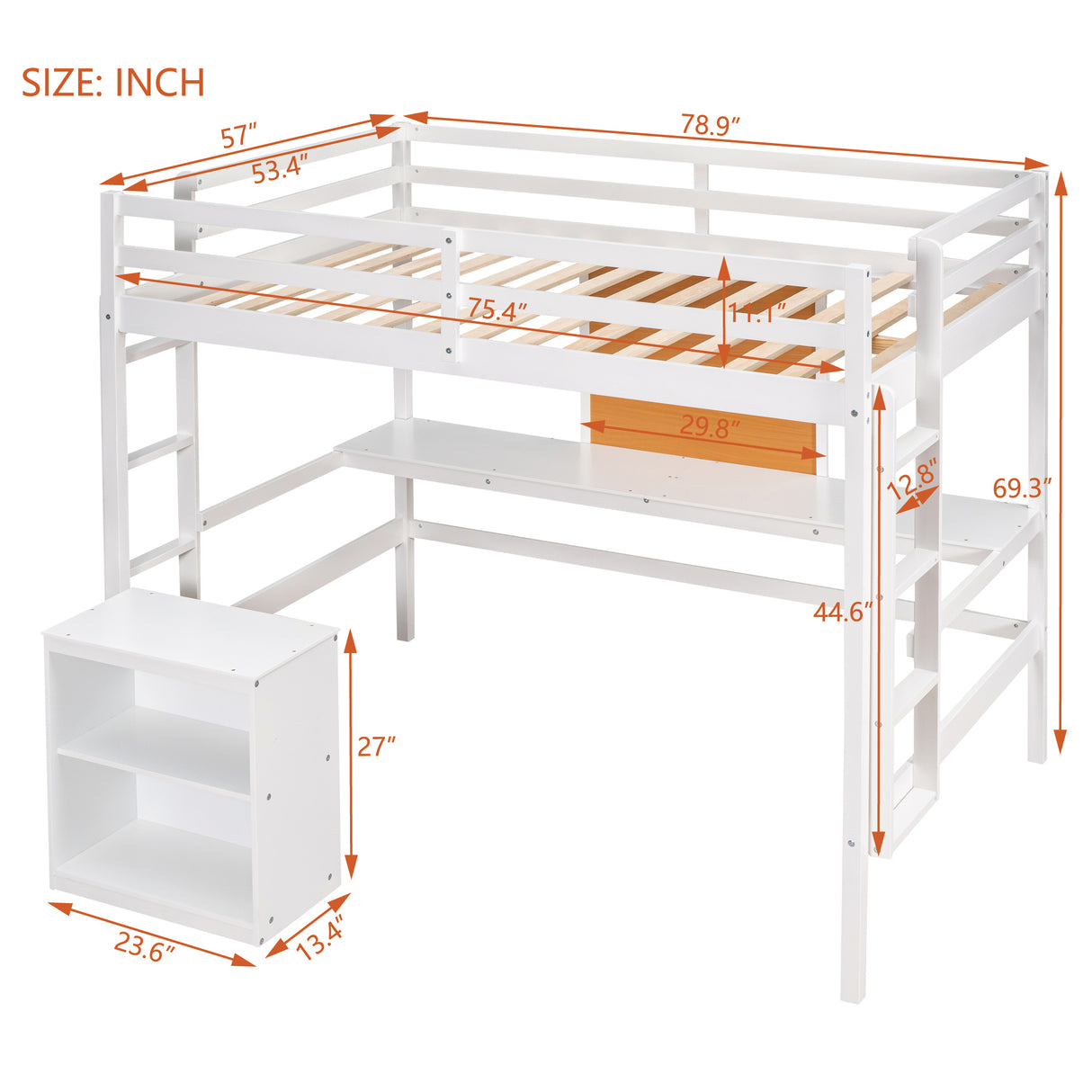 Full size Loft Bed with Desk and Writing Board, Wooden Loft Bed with Desk & 2 Drawers Cabinet- White - Home Elegance USA