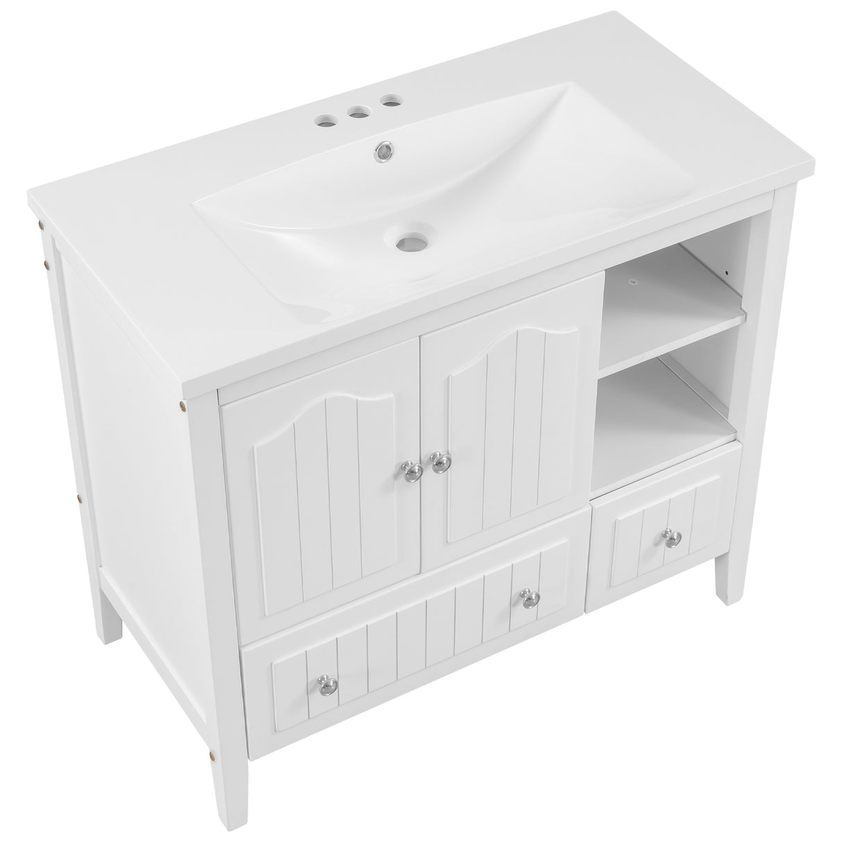 [VIDEO] 36" Bathroom Vanity with Ceramic Basin, Bathroom Storage Cabinet with Two Doors and Drawers, Solid Frame, Metal Handles, White