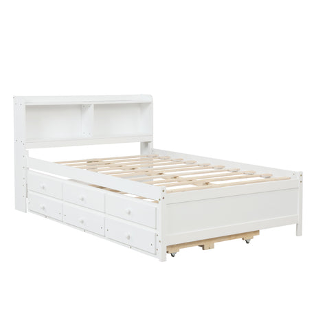 Full Bed with Bookcase,Twin Trundle,Drawers,White Home Elegance USA