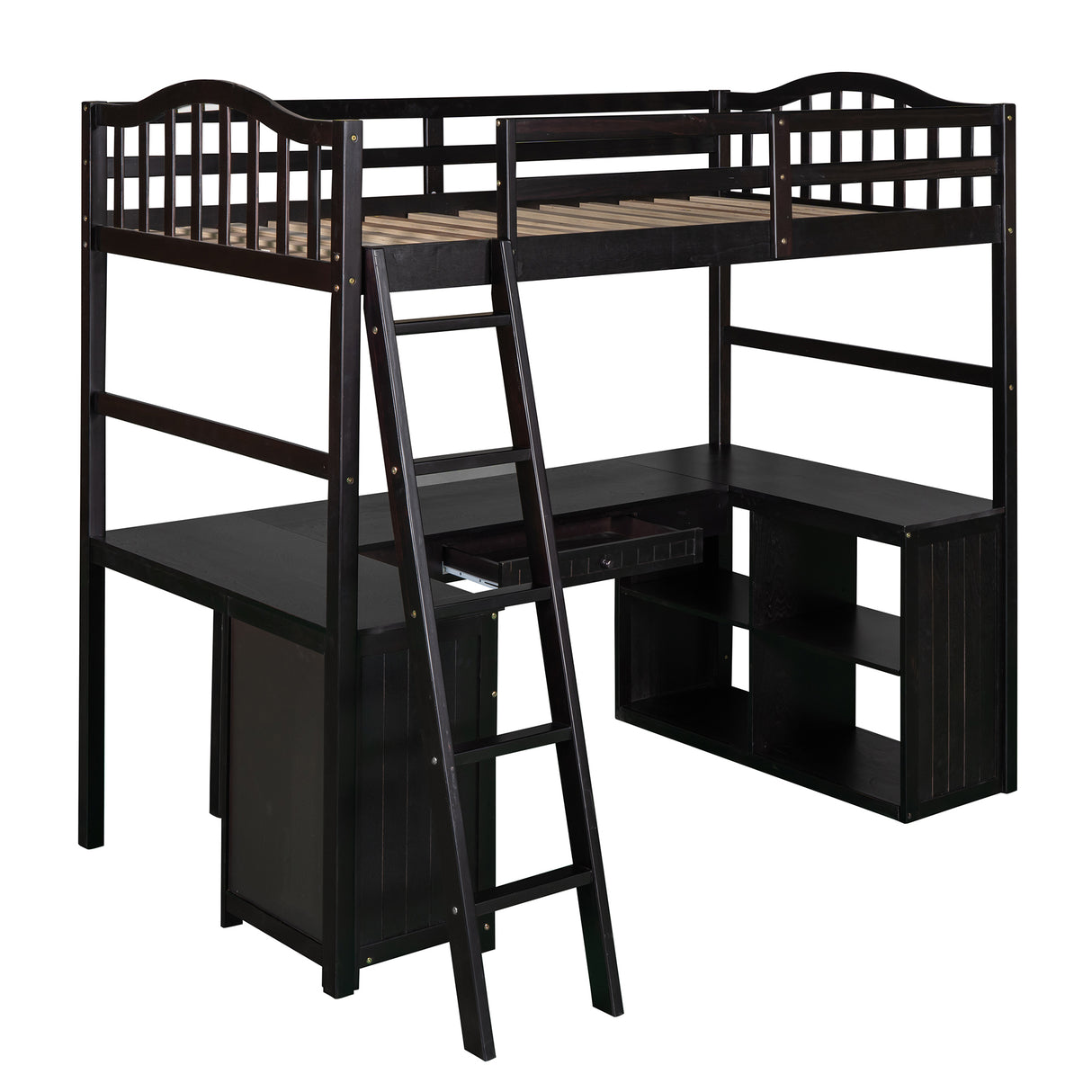 Twin size Loft Bed with Drawers, Cabinet, Shelves and Desk, Wooden Loft Bed with Desk - Espresso(OLD SKU :LP000505AAP) - Home Elegance USA