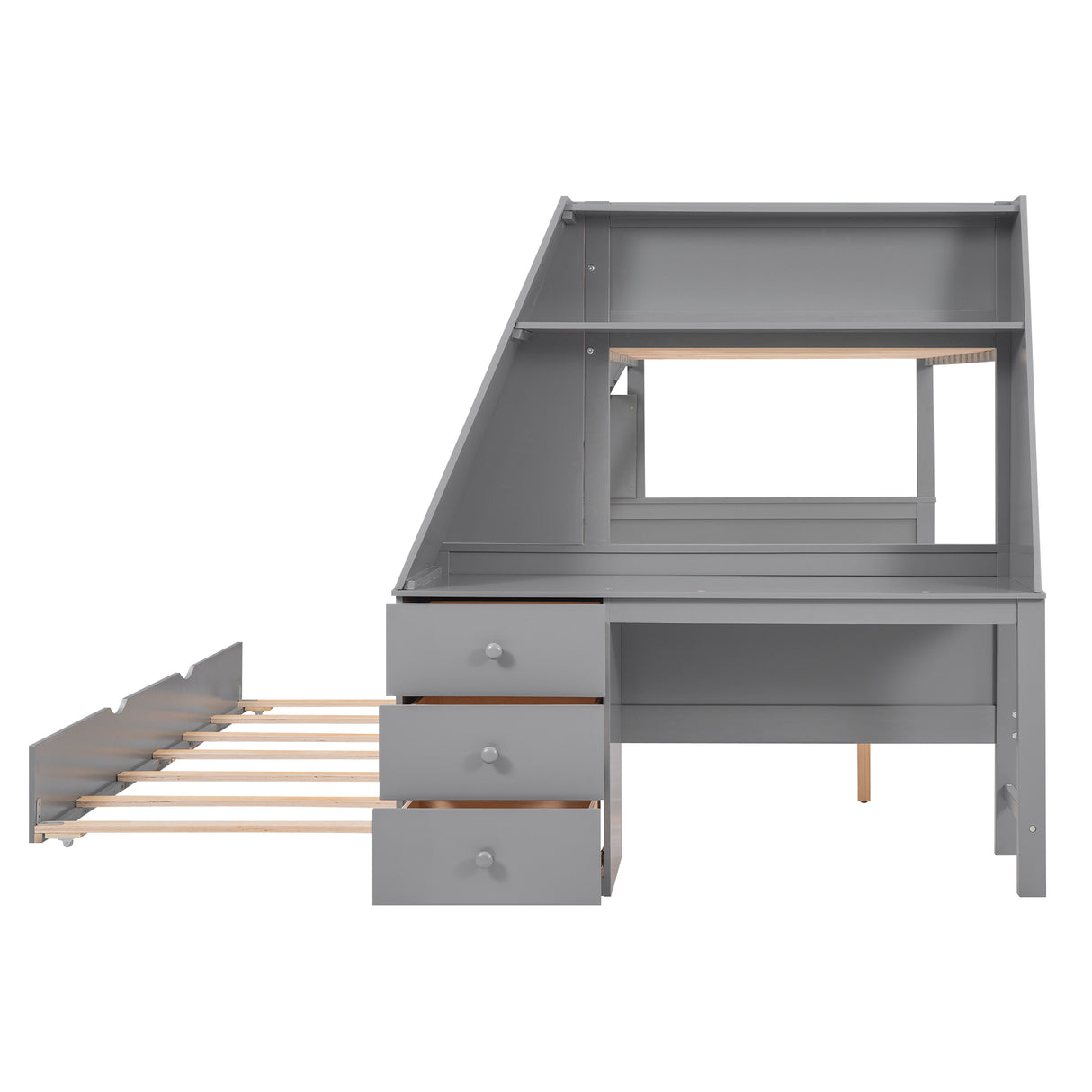Twin over Full Bunk Bed with Trundle and Built-in Desk, Three Storage Drawers and Shelf,Gray - Home Elegance USA