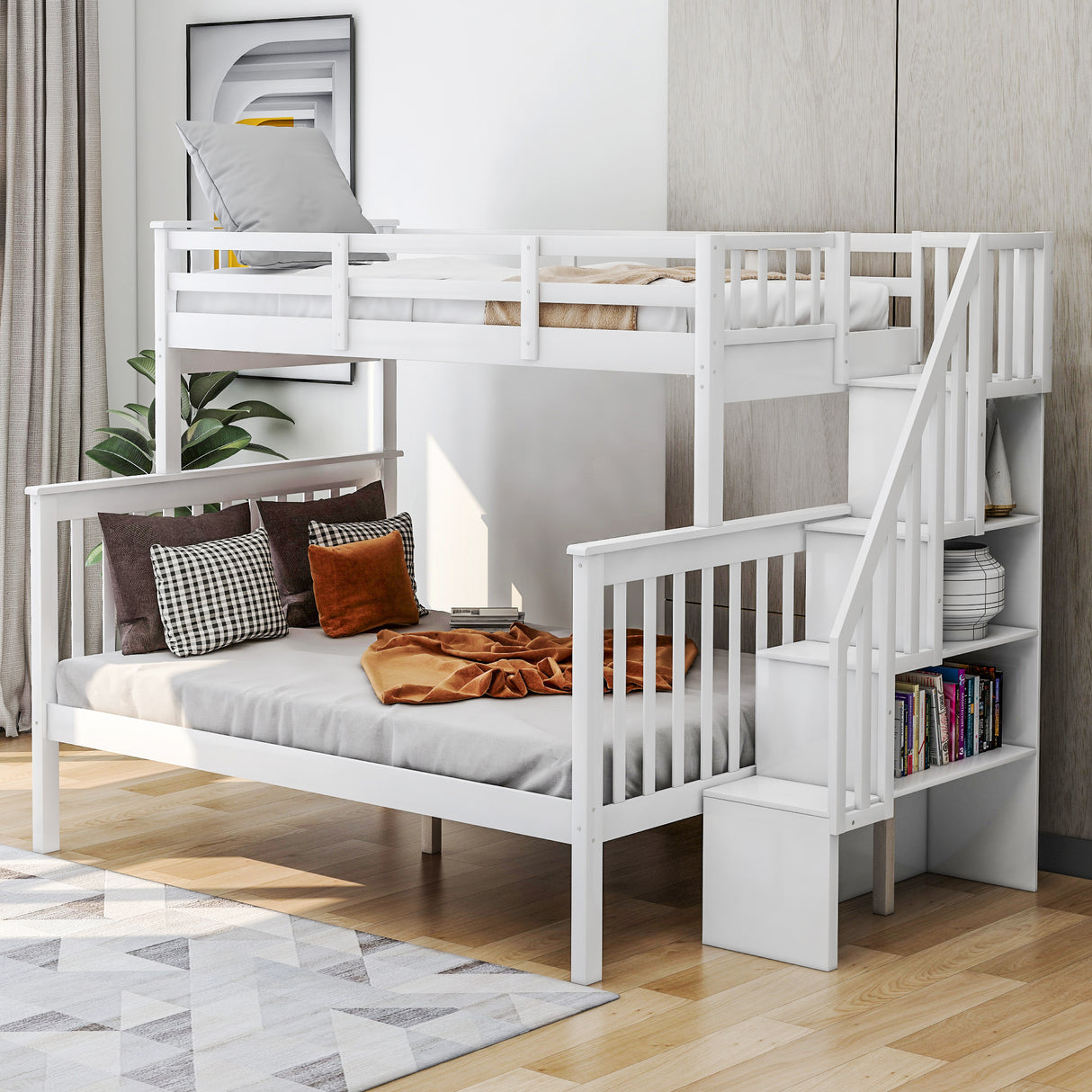 Stairway Twin-Over-Full Bunk Bed with Storage and Guard Rail for Bedroom, White color(OLD SKU :LP000019AAK) - Home Elegance USA