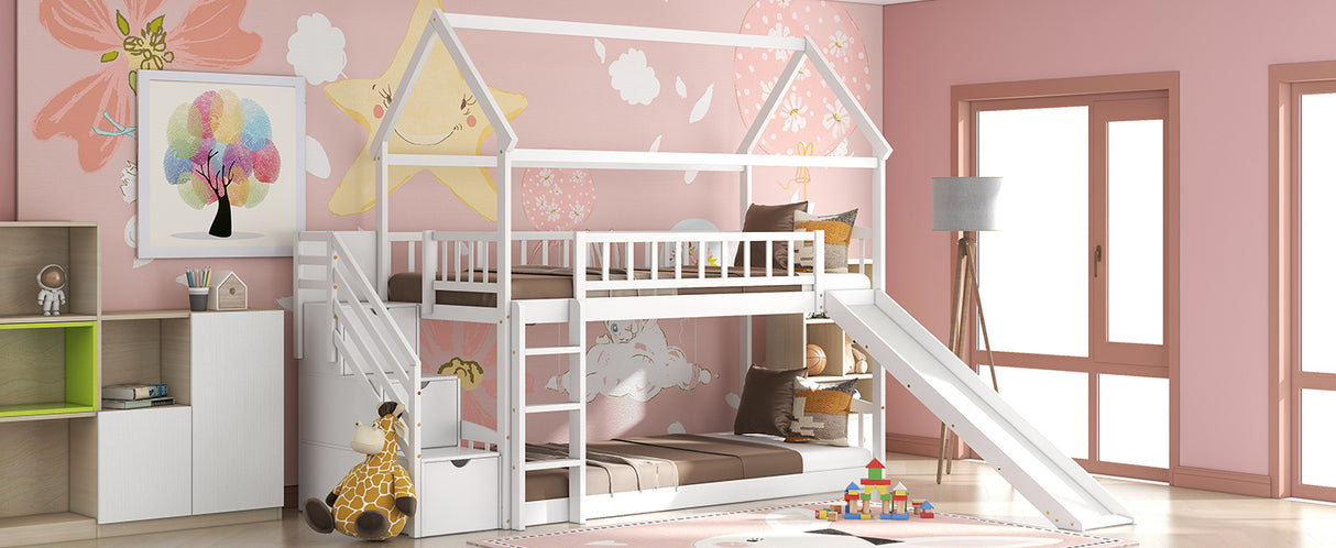 Twin Over Twin Bunk Bed with Drawers and Slide, House Bed with Slide,White(OLD SKU :LT000215AAK) - Home Elegance USA