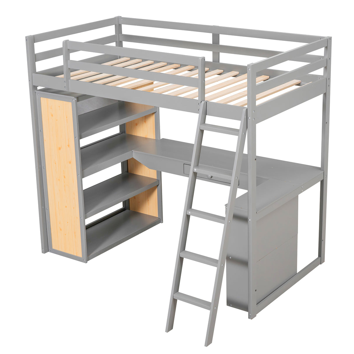 Twin Size Loft Bed with Ladder, Shelves, and Desk, Gray - Home Elegance USA