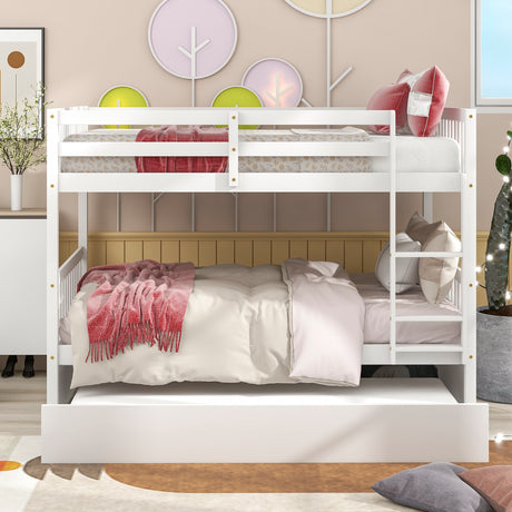 Full Over Full Bunk Bed with Trundle, Convertible to 2 Full Size Platform Bed, Full Size Bunk Bed with Ladder and Safety Rails for Kids, Teens, Adults,White(Old Sku:W504S00002) - Home Elegance USA