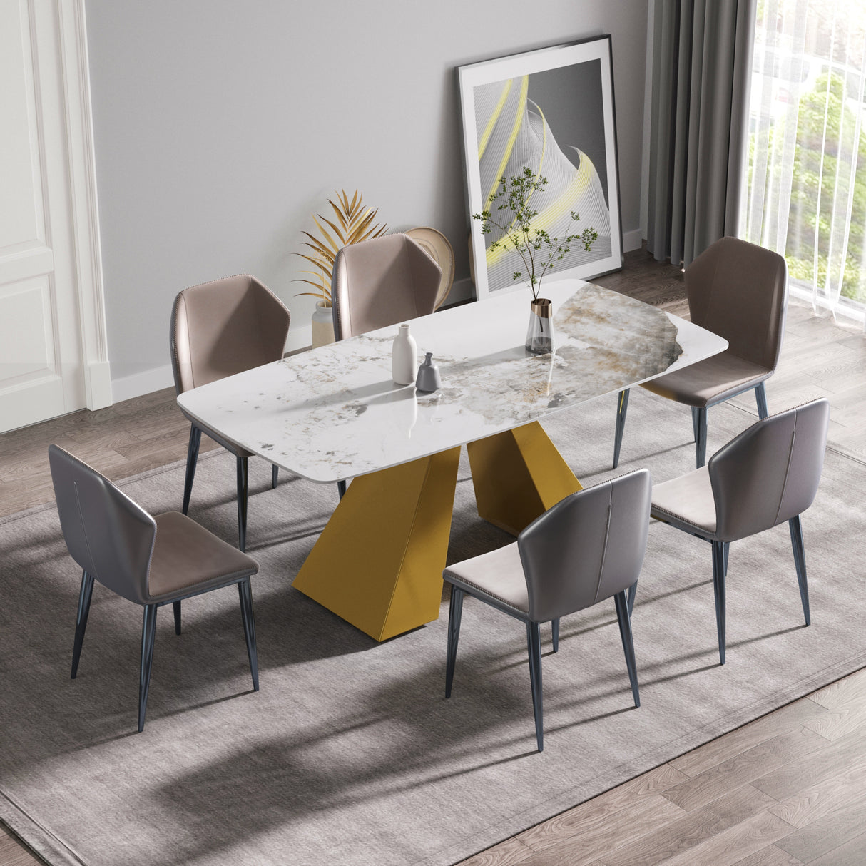 70.87"Modern artificial stone Pandora white curved golden metal leg dining table - can accommodate 6 - 8 people - W1535S00115 - image - 2