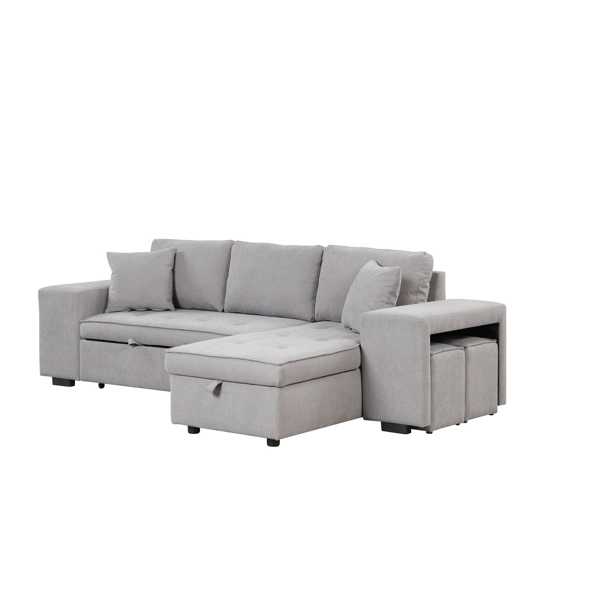 104" Pull Out Sleeper Sofa Reversible L - Shape 3 Seat Sectional Couch with Storage Chaise and 2 Stools for Living Room Furniture Set,Gray - SG000430AAE - image - 9