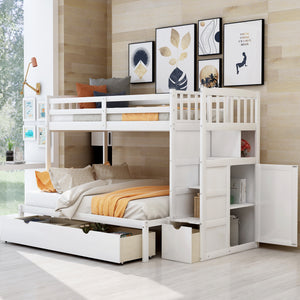 Twin over Full/Twin Bunk Bed, Convertible Bottom Bed, Storage Shelves and Drawers, White - Home Elegance USA