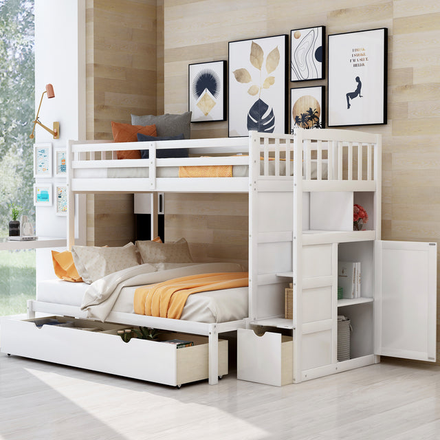 Twin over Full/Twin Bunk Bed, Convertible Bottom Bed, Storage Shelves and Drawers, White - Home Elegance USA