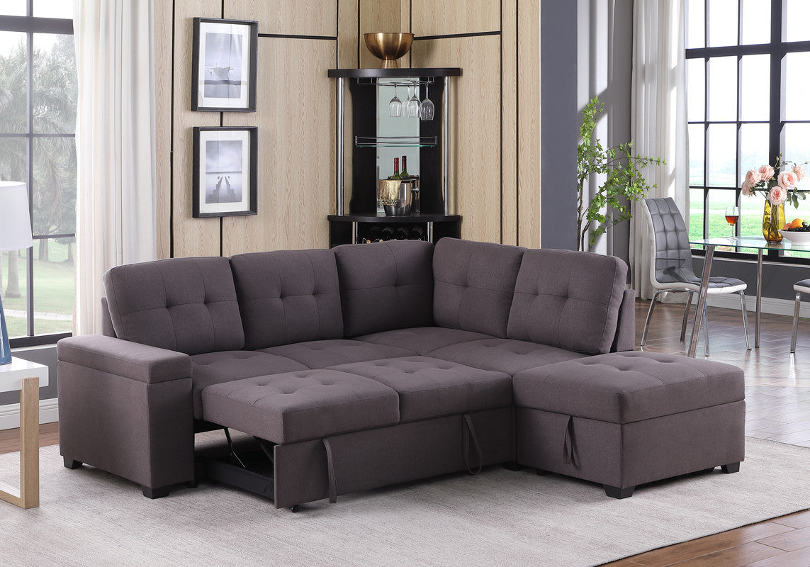 Katie Brown Linen Sleeper Sectional Sofa with Storage Ottoman, Storage Arm - Home Elegance USA