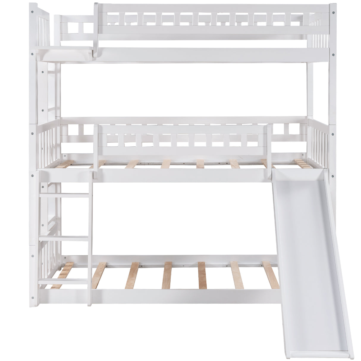 Twin-Over-Twin-Over-Twin Triple Bed with Built-in Ladder and Slide , Triple Bunk Bed with Guardrails, White - Home Elegance USA