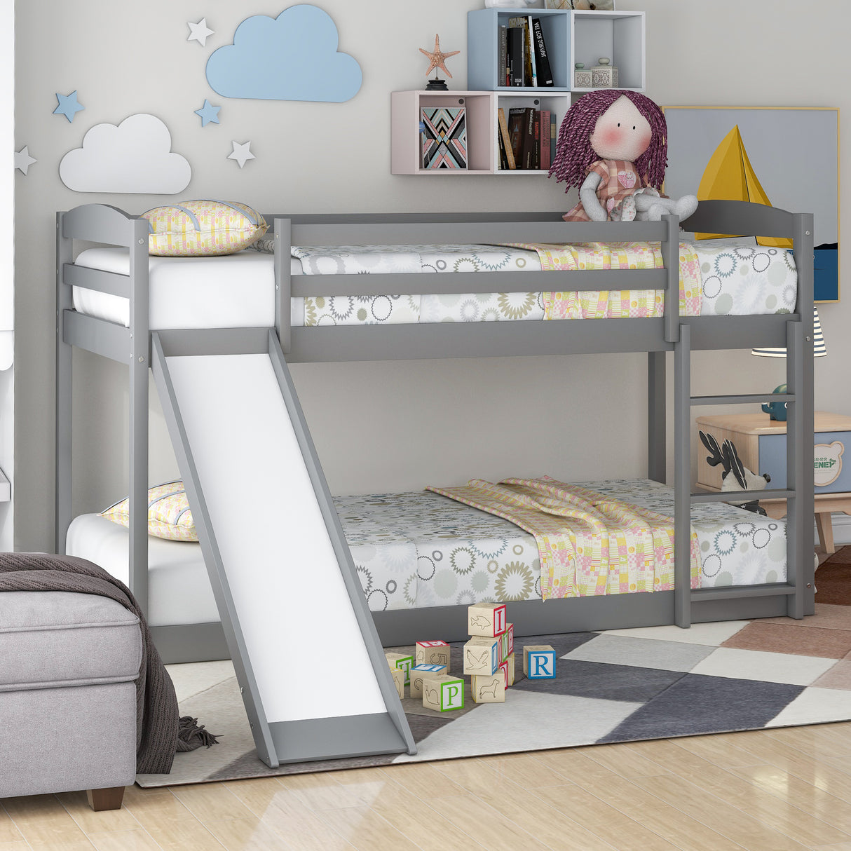 Twin over Twin Bunk Bed with Convertible Slide and Ladder , Gray(Old SKU:WF281725AAE) - Home Elegance USA