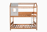 Full over Full Size House Bunk Bed with Window and Little Shelf,Full-Length Guardrail,Natural - Home Elegance USA