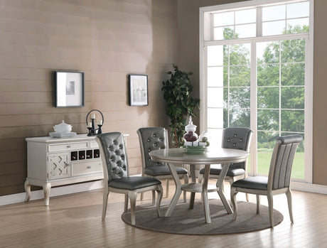 Formal Traditional Dining Table Round Table Silver Hue 5pc Dining Table w Shelf 4x Side Chairs Tufted Back Dining Room Furniture - Home Elegance USA