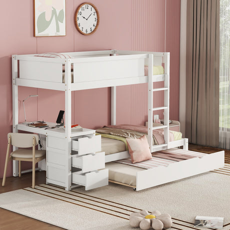 Twin-Over-Twin Bunk Bed with Twin size Trundle, Storage and Desk, White - Home Elegance USA
