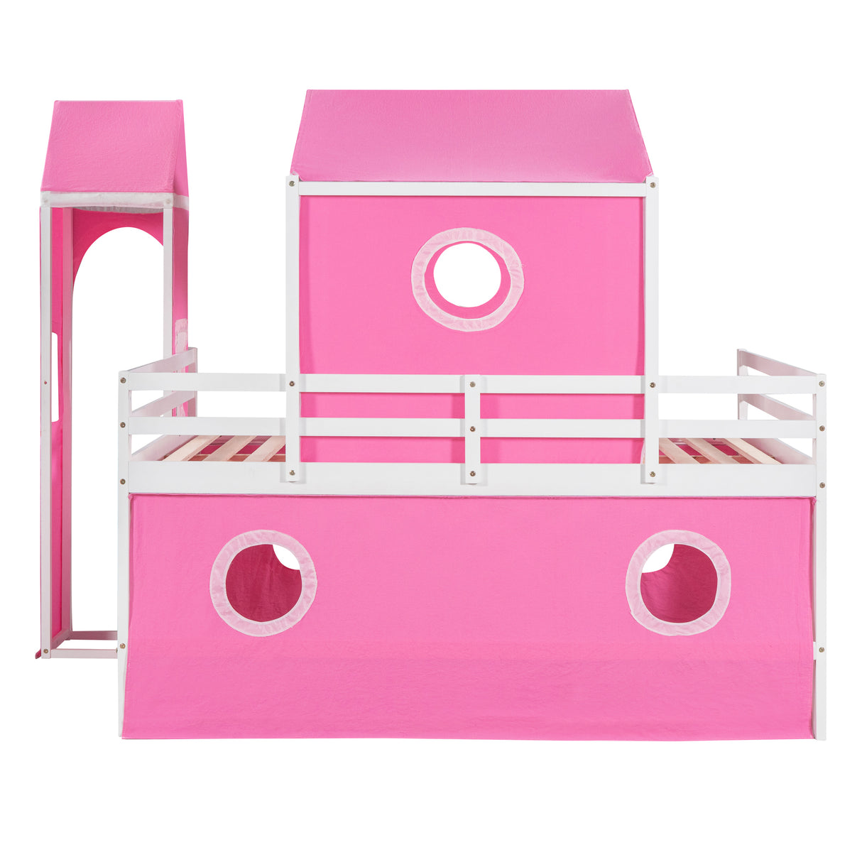 Full Size Bunk Bed with Slide Pink Tent and Tower - Pink - Home Elegance USA