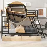 Full Size Metal Bunk Bed with Built-in Desk, Light and 2 Drawers, Black(Expected Arrival Time: 9.18)