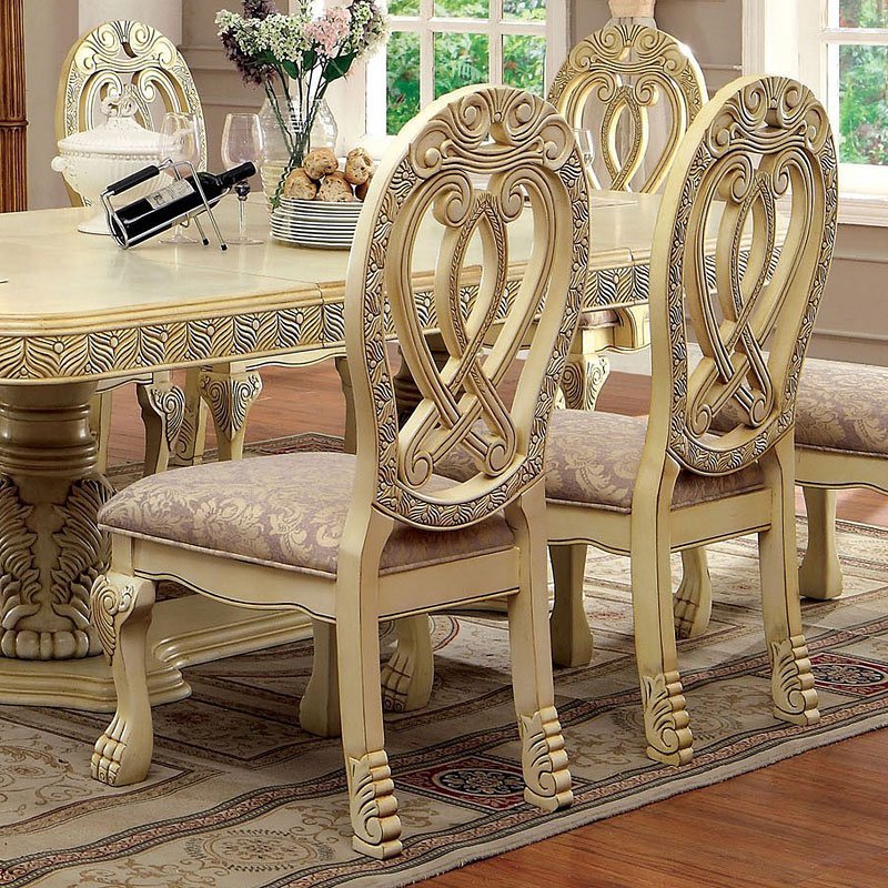 Formal Majestic Traditional Dining Chairs Vintage White Solid wood Fabric Seat Intricate Carved Details Set of 2 Side Chairs - Home Elegance USA