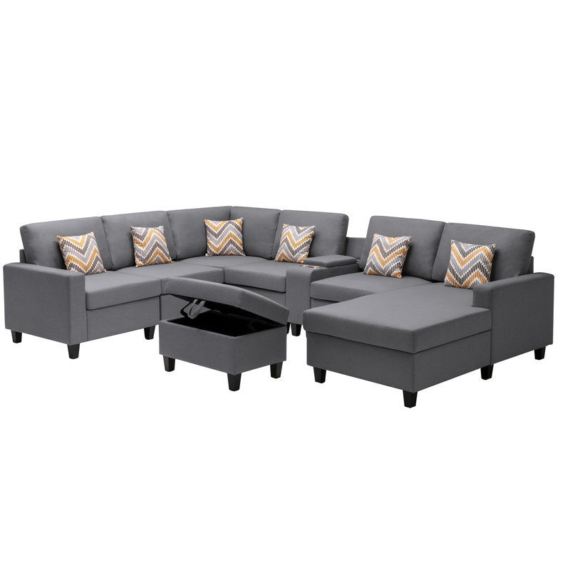 Nolan Gray Linen Fabric 8Pc Reversible Chaise Sectional Sofa with Interchangeable Legs, Pillows, Storage Ottoman, and a USB, Charging Ports, Cupholders, Storage Console Table - Home Elegance USA