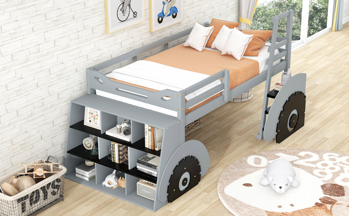 Twin Size Forklift Car-Shaped Loft Bed with Storage Shelves,Gray - Home Elegance USA