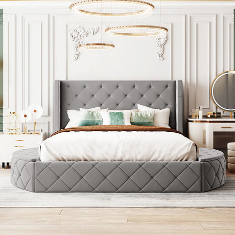 Upholstered Platform Bed Queen Size Storage Velvet Bed with Wingback Headboard and 1 Big Drawer,2 Side Storage Stool(Gray) - Home Elegance USA