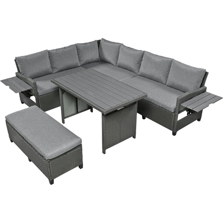 TOMAX 5-Piece Outdoor Patio Rattan Sofa Set, Sectional PE Wicker L-Shaped Garden Furniture Set with 2 Extendable Side Tables, Dining Table and Washable Covers for Backyard, Poolside, Indoor, Gray - Home Elegance USA